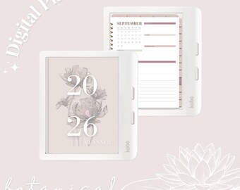 May include: Two white Kobo e-readers displaying digital planner pages. One shows a floral design with the numbers "2026" and the word "Planner". The other shows a September calendar and lined notes. The words "Digital Planner" and "Botanical" are also visible.