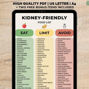 Nierentisch Lebensmittel Liste zum ausdrucken, kaliumarme Lebensmittel Liste PDF, Nierenfreundliche Lebensmittel, salzarme Ernährung Tabelle, sofortiger Download