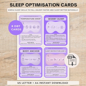 May include: A set of four purple sleep optimisation cards featuring text and icons for Temperature Drop, Worry Dump, Body Anchor, and Sleep Restriction. The cards include steps and benefits for each skill, with a PDF download icon and 8 DBT cards label.