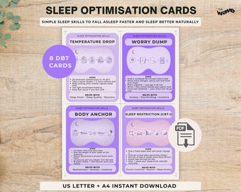 DBT Sleep Skills Cards, Insomnia Relief Toolkit, Sleep Optimisation Cards, Sleep Hygiene Printable PDF, Coping Skills, Bedtime Routine