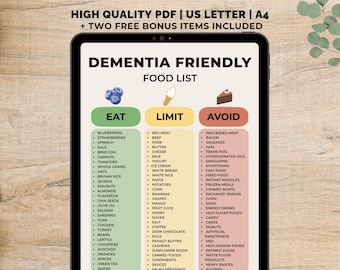 Dementia Food Chart Printable, Dementia Food, Brain Health Food, Mind Diet Printable, Brain Health Foods PDF