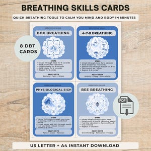 Puede incluir: Un conjunto de 8 tarjetas azules de técnicas de respiración con instrucciones para respiración en caja, 4-7-8, suspiro fisiológico y respiración de abeja. Las tarjetas incluyen texto, diagramas y pasos para cada técnica, marcadas como descarga PDF.