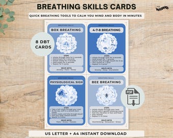 DBT Breathing Skills Cards, Anxiety Relief Cards, Coping Skills Toolkit, Panic Attack Help, Nervous System Regulation PDF, Therapy Tools