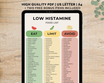 Voedsellijst met laag histaminegehalte afdrukbaar, voedselkaart met laag histaminegehalte pdf, histaminearm dieet, histaminevoedsel, histamine-intolerantie, directe download