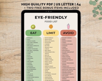 Eye Friendly Food List Printable, Eye Friendly Food Chart PDF, Food to Avoid List, Eye Friendly Foods, Grocery List Instant Download