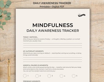 Mindfulness Daily Awareness Tracker, Weekly Reflection, Mental Health Worksheet, Mindful Journal, Minimalist Template