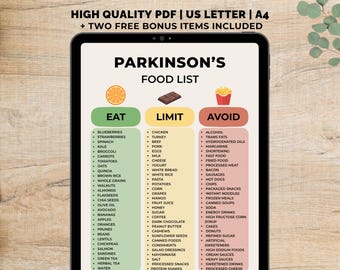 Ziekte van Parkinson dieetvoedsellijst afdrukbaar, grafiek hersenvriendelijke voedingsmiddelen, Brain Health Food, Mind Diet afdrukbaar, Brain Health Foods pdf