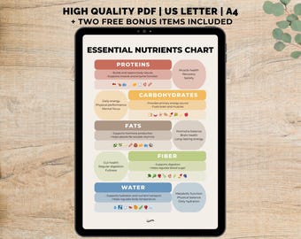 Nutrients Chart Sheet Printable, Nutrition Guide PDF, Protein Carbs Fats Fiber Water, Health Wall Art, Healthy Eating, Digital Download