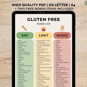 以下が含まれることがあります： デジタルタブレットには、「グルテンフリー食品リスト」が表示され、「食べる」、「制限する」、「避ける」のカテゴリーがあります。リストには、米、キヌア、野菜などが含まれています。画面上部には「HIGH QUALITY PDF | US LETTER | A4 + TWO FREE BONUS ITEMS INCLUDED」と書かれています。