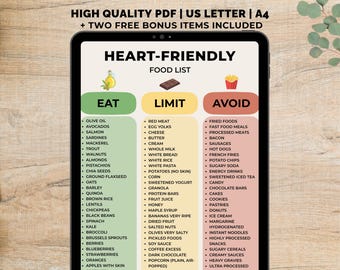 Heart Health Diet Printable, Heart Health Grocery List PDF, Heart Friendly Foods, Heart Friendly Chart Instant Download