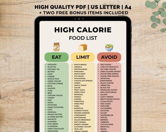 Afdrukbare lijst met calorierijke voedingsproducten, calorievriendelijke voedingstabel pdf, calorierijke voedingsmiddelen, calorierijke voedingsschema, direct downloaden