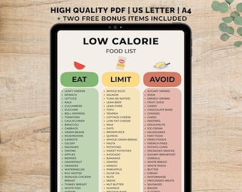 Afdrukbare lijst met caloriearme levensmiddelen, calorievriendelijke voedselkaart pdf, lijst met te vermijden caloriearme levensmiddelen, lijst met caloriearme boodschappen, direct downloaden