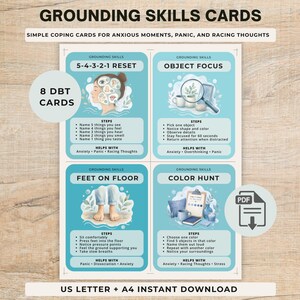 May include: A set of four light blue grounding skills cards featuring the text Grounding Skills Cards, 8 DBT Cards, and US Letter + A4 Instant Download. Each card includes illustrations and steps for 5-4-3-2-1 Reset, Object Focus, Feet on Floor, and Color Hunt.