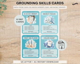 DBT Grounding Skills Cards, Anxiety Coping Cards, DBT Therapy Cards, Printable Coping Skills, Panic Relief Tools, Mental Health Flashcards