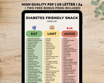 Diabetes Snack Food List Printable, Diabetes Snack Food Chart PDF, Low Carb & High Protein Snacks, Low Sugar Snacks, Instant Download