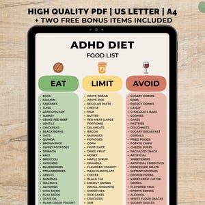 Puede incluir: Una tableta digital muestra una lista de alimentos para la dieta TDAH, categorizada en secciones de Comer, Limitar y Evitar. La lista incluye alimentos como huevos, salmón y quinoa, con el texto en la parte superior: "HIGH QUALITY PDF | US LETTER | A4 + TWO FREE BONUS ITEMS INCLUDED."