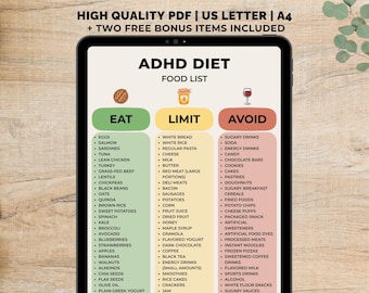 ADHD Diet Food List Printable, ADHD Food Chart pdf, Food to Avoid List for ADHD-Sensitive Grocery Planning, Instant Download