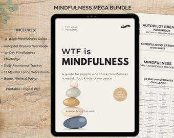 Mindfulness Bundle, Mental Health Workbook & Worksheets, Stress and Anxiety Relief Tools, Daily Tracker, 30-Day Challenge