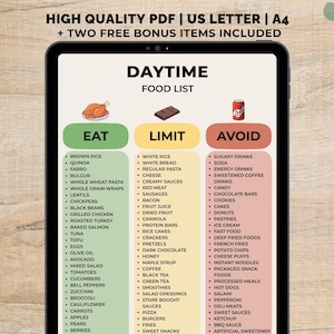 May include: A digital food list titled "Daytime Food List" with "Eat, Limit, Avoid" categories. The list includes foods like brown rice, quinoa, and grilled chicken in the "Eat" section. The top of the image reads "HIGH QUALITY PDF | US LETTER | A4 + TWO FREE BONUS ITEMS INCLUDED."