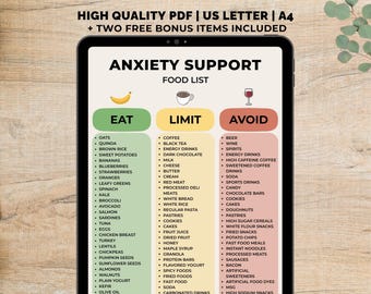 Anxiety Food List Printable, Anxiety Support, Mental Health Meal PDF, Mental Health Diet, MIND Diet Food List, Instant Download