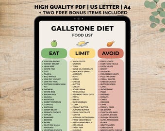 Galsteendieetlijst afdrukbaar, voedingswaardekaart galblaas pdf, galblaasdieetkaart, cholelithiasisdieet afdrukbaar, Instant Download