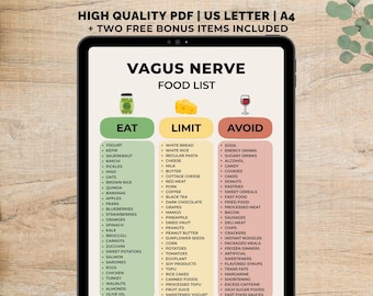 Vagus Nerve Food List Printable, Vagus Nerve Foods, Parasympathetic Diet, Stress Relief Foods, Nervous System Support, Instant Download