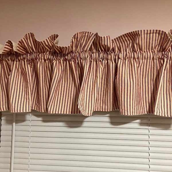 Valance Striped Red and White Ticking Curtain Cotton Curtain Lined Kitchen Valance