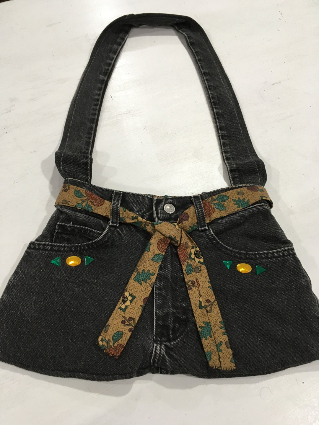Black Denim Bag With Autumn Print Lining Etsy