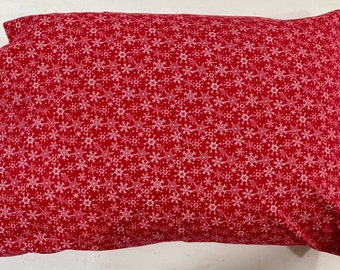 Pillowcase, standard size, light weight flannel, red with white snowflakes