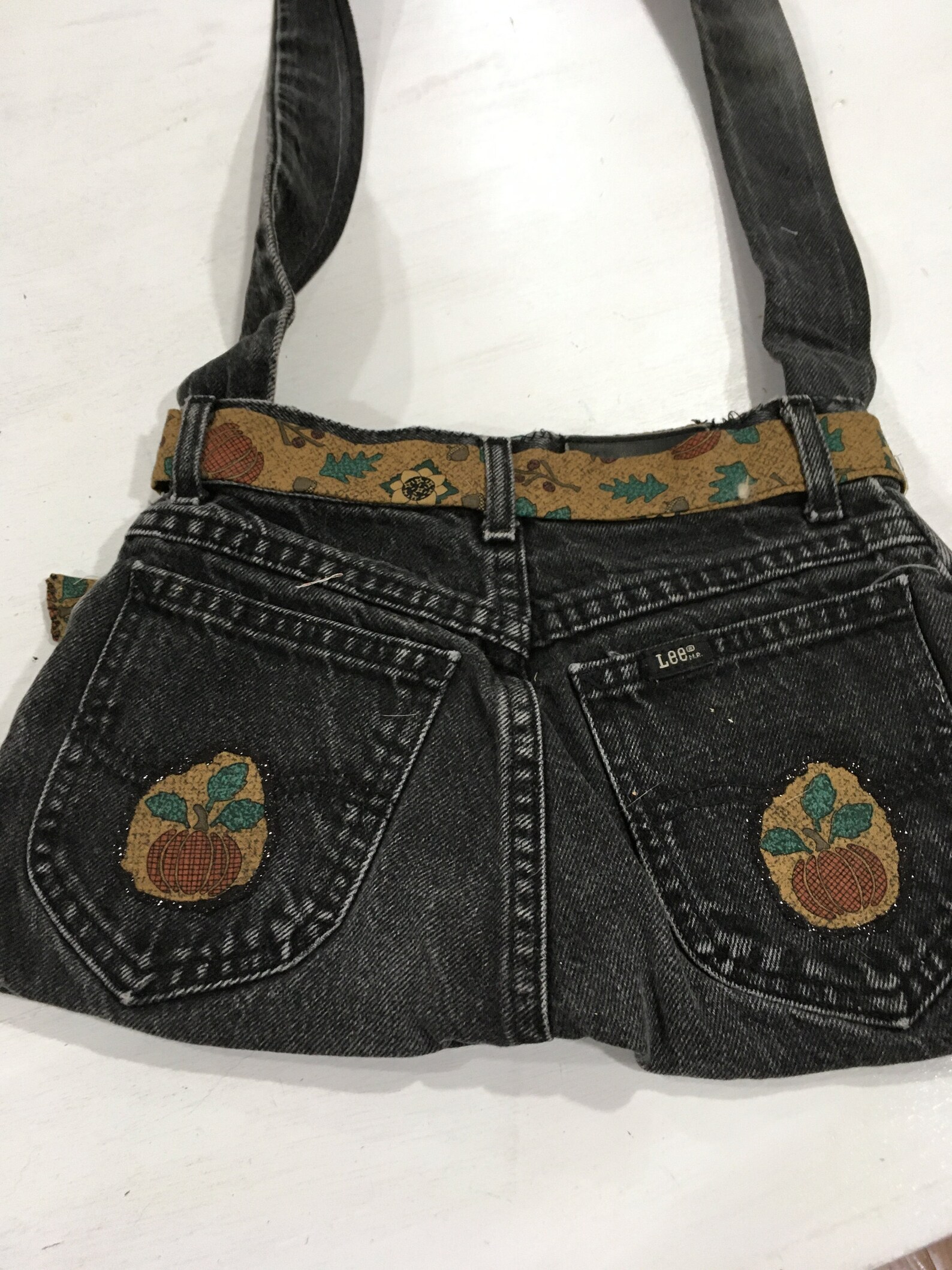 Black Denim Bag With Autumn Print Lining Etsy