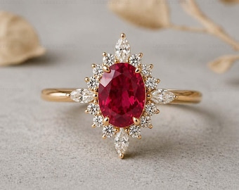 Oval Ruby Engagement Ring with Moissanite Halo, Vintage Floral Gold Ring, July Birthstone Bridal Jewelry, Unique Promise Gift