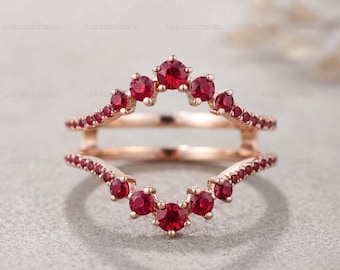 Curved Ruby Band Ring Set in Gold, Chevron Double Band Enhancer Ring, July Birthstone Stackable Bridal Ring, Dainty Crown Style Jewelry
