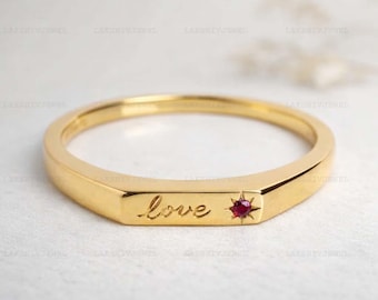 Ruby Engraved Love Ring 14K Gold, Minimalist Personalized Band, July Birthstone Ring, Dainty Promise Ring, Romantic Gift Jewelry