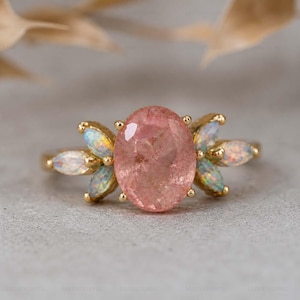 Oval Strawberry Quartz Ring with Opal Side Stones, Floral Gold Ring, Unique Pink Gemstone Ring, Boho Engagement Gift for Her