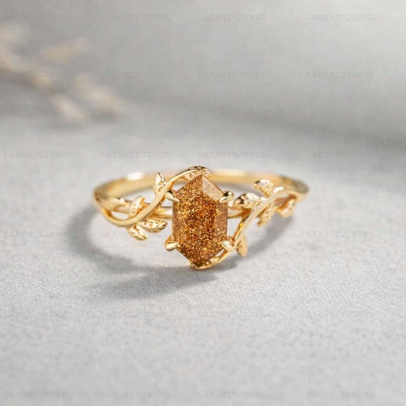 Hexagon Golden Sandstone Ring Gold, Nature Inspired Vine Ring, Boho ...