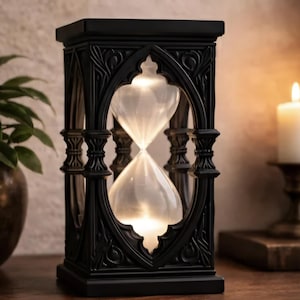 Puede incluir: Un reloj de arena negro con un marco intrincado y ornamentado con detalles de arco apuntado. El bulbo de vidrio central contiene arena blanca, creando un contraste marcado con el exterior oscuro y estructurado del dispositivo.