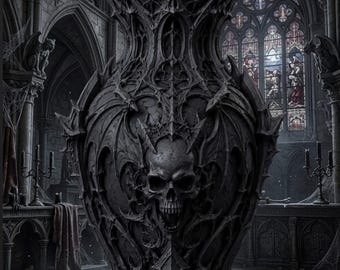 May include: A large, dark gray decorative vase featuring intricate, ornate carvings of bat-like wings and a prominent central skull. The surface is textured with sharp, pointed architectural details and smaller skull motifs near the base.
