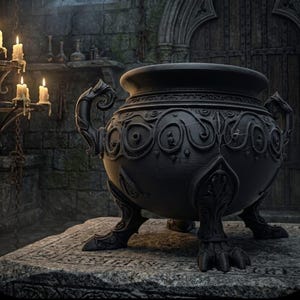 May include: A matte black cauldron featuring intricate embossed scrollwork and swirling patterns around its rounded body. The vessel is supported by three ornate, clawed feet and includes two curved side handles, resting on a stone surface.