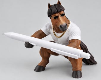 May include: A brown horse figurine with a muscular build, wearing a white t-shirt, a gold chain, and dark oval sunglasses. The horse has a dark brown bowl-cut hairstyle and is holding a large white ballpoint pen in its front hooves.