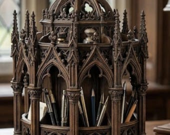 May include: A dark brown wooden desk organizer shaped like a miniature cathedral with a central dome, pointed arches, and tall spires. The structure features multiple vertical compartments containing various pens, pencils, and small office supplies.