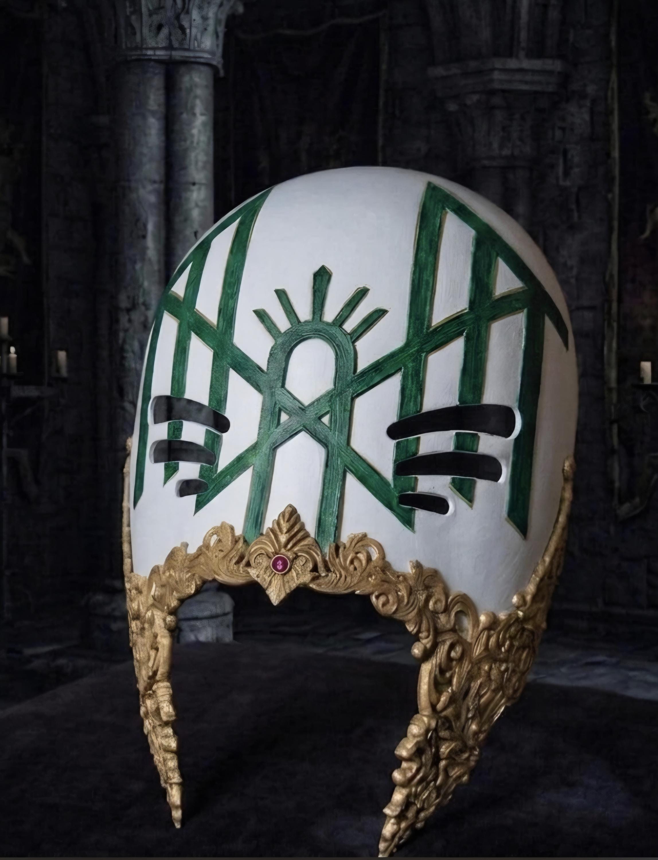Sleep Token Twos mask dreadlocks gold logo detailed close-up