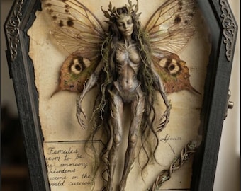 May include: A dark, coffin-shaped display case containing a faerie figure with large, moth-like wings and a crown of leaves. The background features aged parchment paper with handwritten text including "Faerie (Female)" and "Females seen to be the moms."