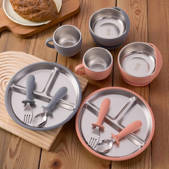 Entwöhnungsset, Baby-Fütterungsset, Entwöhnungsset für Kleinkind-Baby-Kinder, Baby-Teller, Baby-Dusche-Geschenk, Baby-Geschenk, Edelstahl-Geschirr-Teller