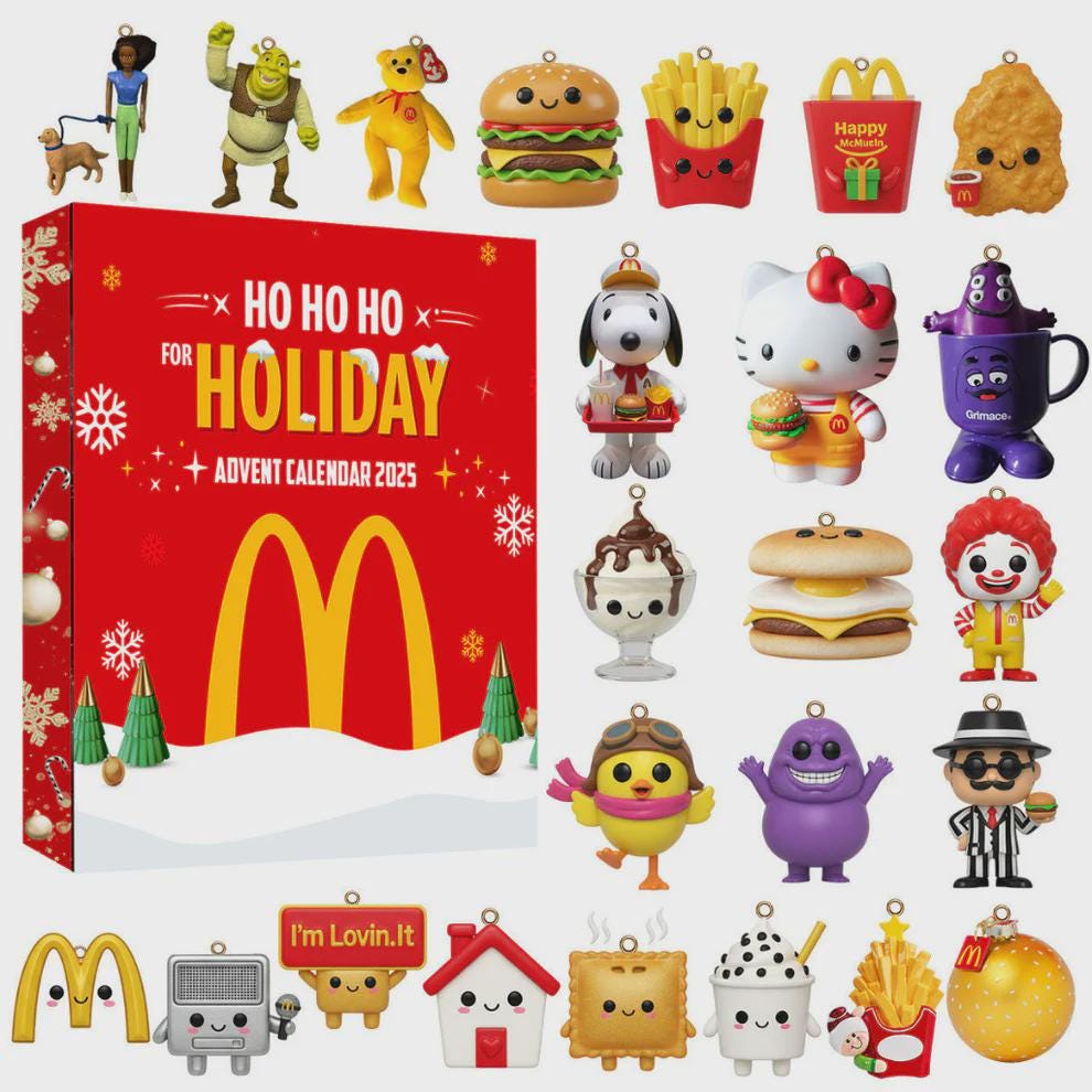 Discover McDonald's Holiday Advent Calendar 2025, Ho Ho Ho Countdown Gift, 24 Mini Funko Style Collectible Ornaments