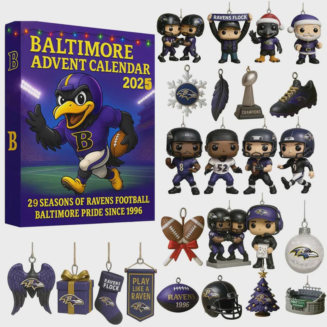 Discover Baltimore Ravens Advent Calendar 2025, Seasons of Football Countdown Gift, 24 Mini Collectible Ornaments football