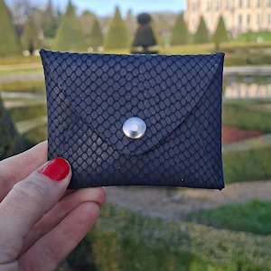 Può includere: Un piccolo portafoglio blu scuro con un motivo strutturato a pelle di serpente. Il portafoglio ha una chiusura a patta assicurata da un bottone automatico argentato. Lo sfondo presenta una scena sfocata all'aperto.