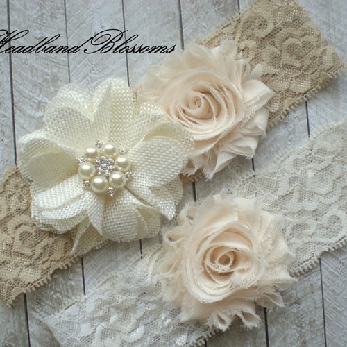 IVORY BEIGE Bridal Garter Set - Ivory Keepsake and Toss Wedding Garters - Chiffon Flower Rhinestone Garter - Vintage Lace Garter - Garder