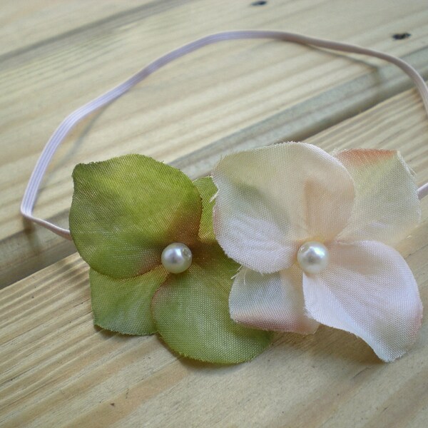 Sweet Green Cream Hydrangea Flowers With Pearl Center on Skinny Elastic Headband - Newborn Baby Toddler Girl - Photo Prop