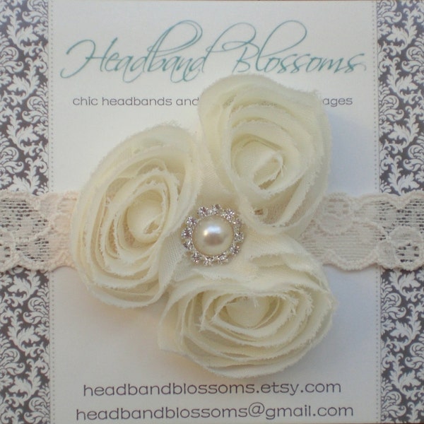 Beautiful Ivory Chiffon Fabric Flowers on Ivory Lace Headband Pearl Rhinestone Center - Wedding Flower Girl Fancy - Newborn to Adult