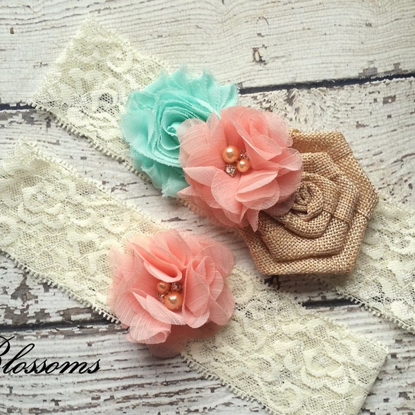 CORAL Burlap Bridal Garter Set - Keepsake & Toss Garters - Burlap Chiffon Flower Pearl Lace Garters - Rustic Wedding - Garder - Seafoam Aqua